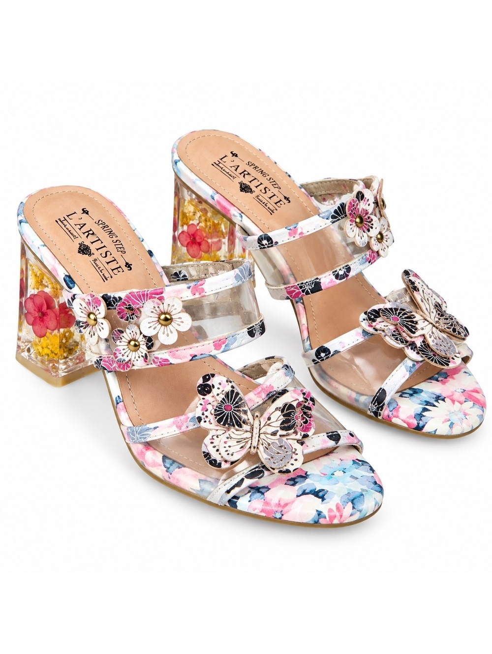Spring Step L’Artiste Women’s 7.5 Floral Butterfly Clear Heel Slide Sandals